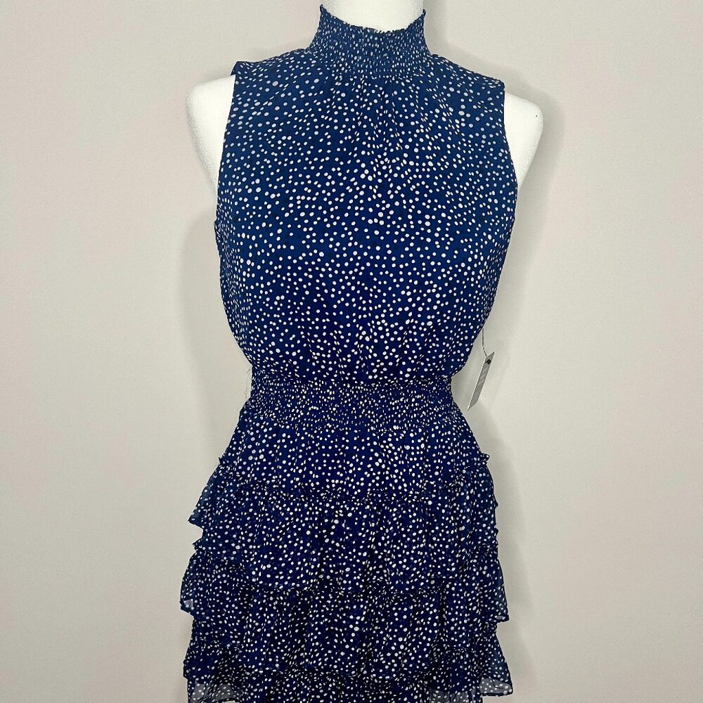 Express Navy Blue with White Polka Dot Smocked Waist Ruffle Mini Dress